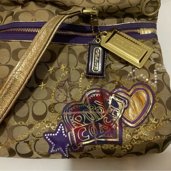 Coach Poppy Tartan Plaid Glam 15882 Shoulder Handbag Tote - Tan Purple Gold - Picture 13 of 16